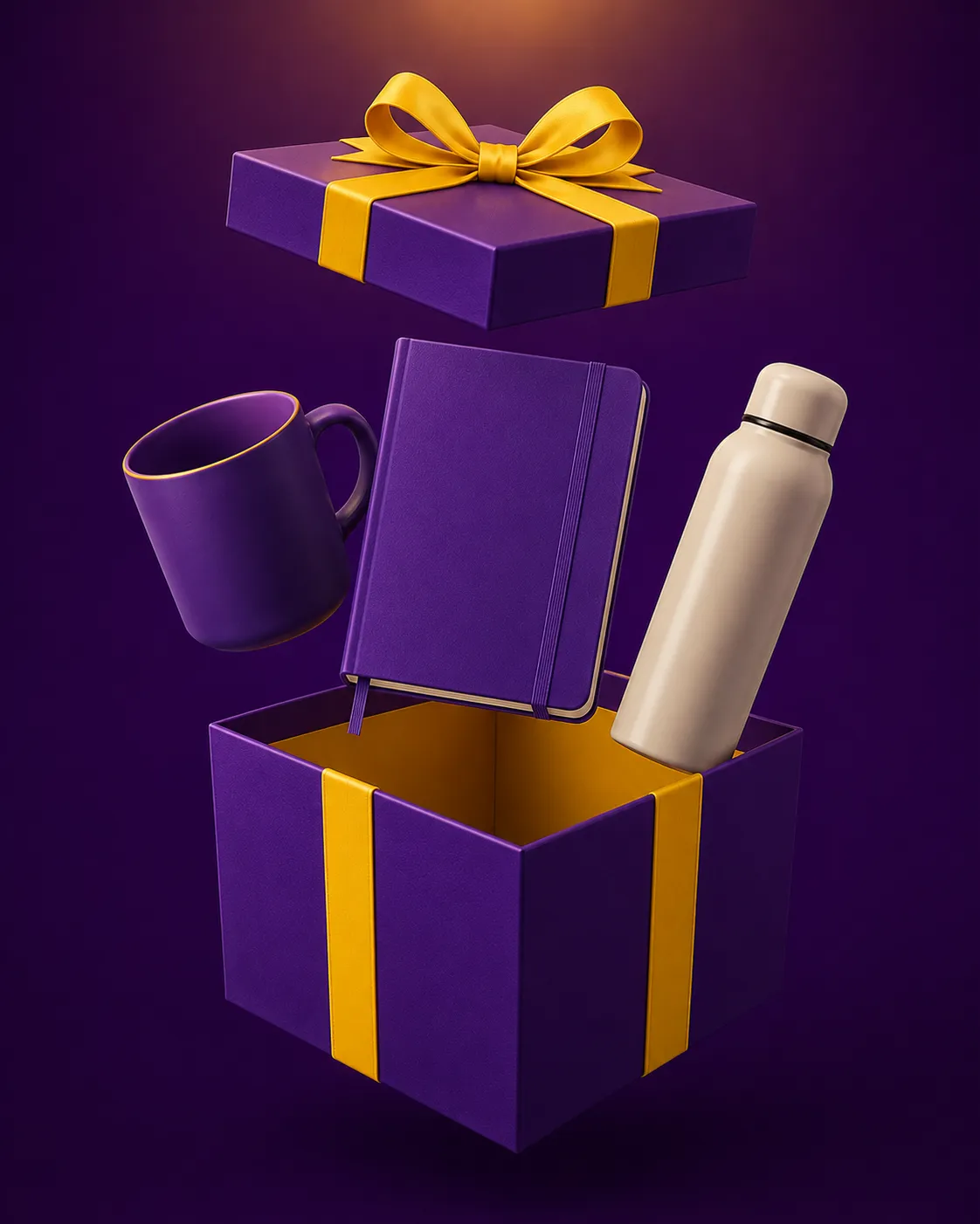 Kit corporativo aberto, com caneca, caderno e garrafa